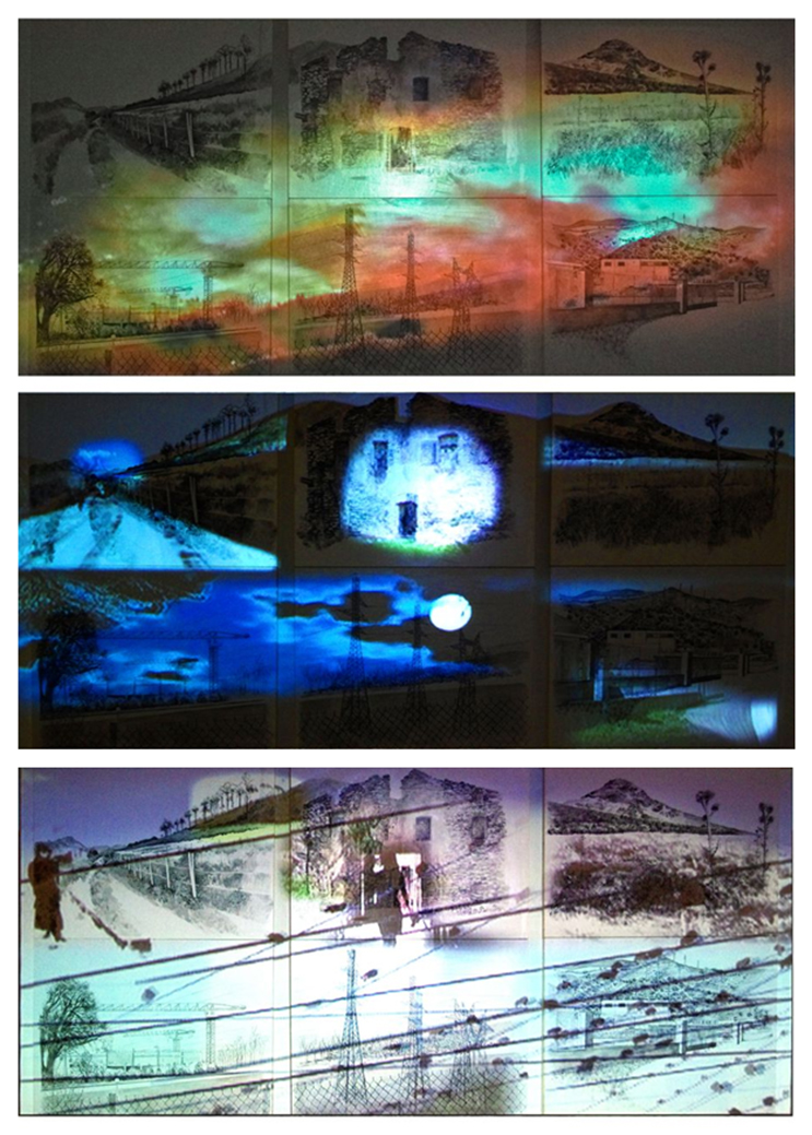 Lignes d’erre II. Projections vidéographiques sur 6 lavis de 65 x 50 soit 200 x 100 cm, 2012.
