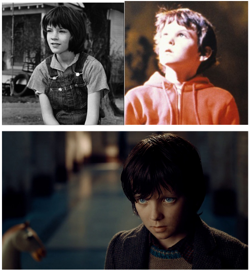 Haut gauche : « Scout » (Mary Badham) dans Du silence et des ombres ; Haut droite : Elliott (Henry Thomas) dans E.T., L’extraterrestre ; Bas : Hugo Cabret (Asa Butterfield) dans le film éponyme