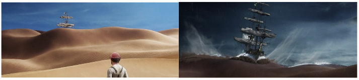 La Licorne transcende le modèle de Lawrence d’Arabie, s’invite dans le désert qui se transforme en océan déchainé dans Les Aventures de Tintin : Le Secret de La Licorne