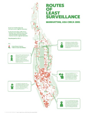 Institute for Applied Autonomy, Routes of Least Surveillance, Manhattan, USA, CIRCA 2001. Carte reproduite dans An Atlas of Radical Cartography (2008).