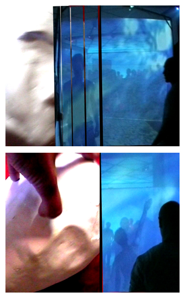 Ultra-relativistic e-motion. Installation vidéochorégraphique pour 4 danseurs. 5 modules angulaires semi-transparents. 9 vidéoprojecteurs et lecteurs DVD, une table de mixage en temps réel. Vidéogrammes extraits de la vidéo de présentation réalisée pendant la première par Harald Krytinar le 5 juillet 2005 à la Fondation Vasarely à Aix-en-Provence.