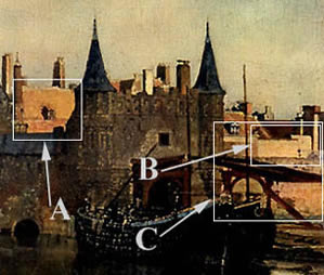 Illustration 24 :Vue de Delft, détail (Johannes Vermeer, 1659-1660) Crédit : Patrice Louis, Le fou de Proust. Entité multiple, le pan proustien disparaît pour mieux réapparaître. Par là, il est la parabole sans cesse renouvelée de la puissance des œuvres d’art et de la fulgurance du réel.