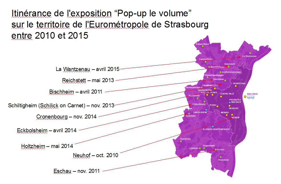Exposition itinérante « Pop-up le volume » : carte des itinérances 2010-2015