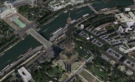 Capture d’écran montrant une vue Google Earth de la Tour Eiffel avec l’option « Bâtiment 3D » cochée.