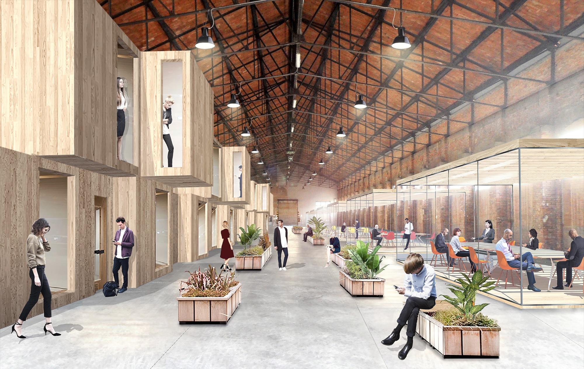 The imagination of a co-working space inside one of the warehouses as a prefigurative value of what can be realized in the future