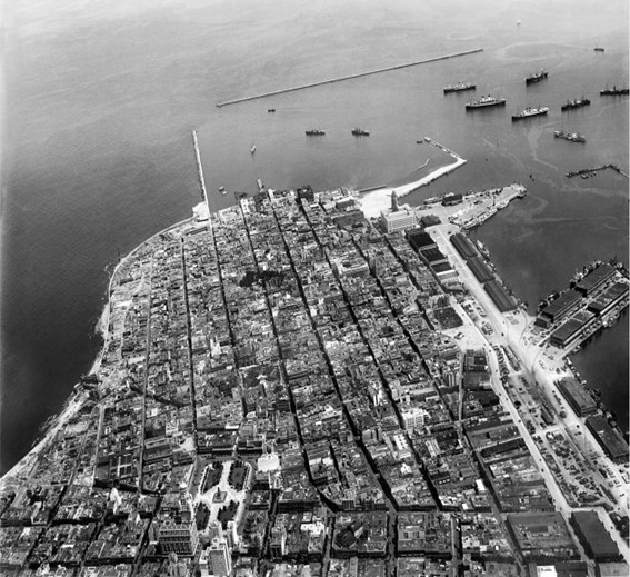Aerial Photograph of the Historical Center, down town Montevideo. On the right, the port with its bay.