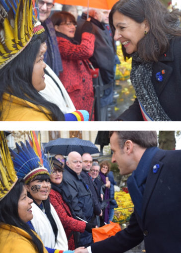 Ao alto, a prefeita de Paris, Anne Hidalgo, cumprimenta Sônia Guajajara; acima, o presidente francês Emmanuel Macron em aperto de mão com Célia Xakriabá. Fotos: Gérard Wormser, Paris, novembro 2019