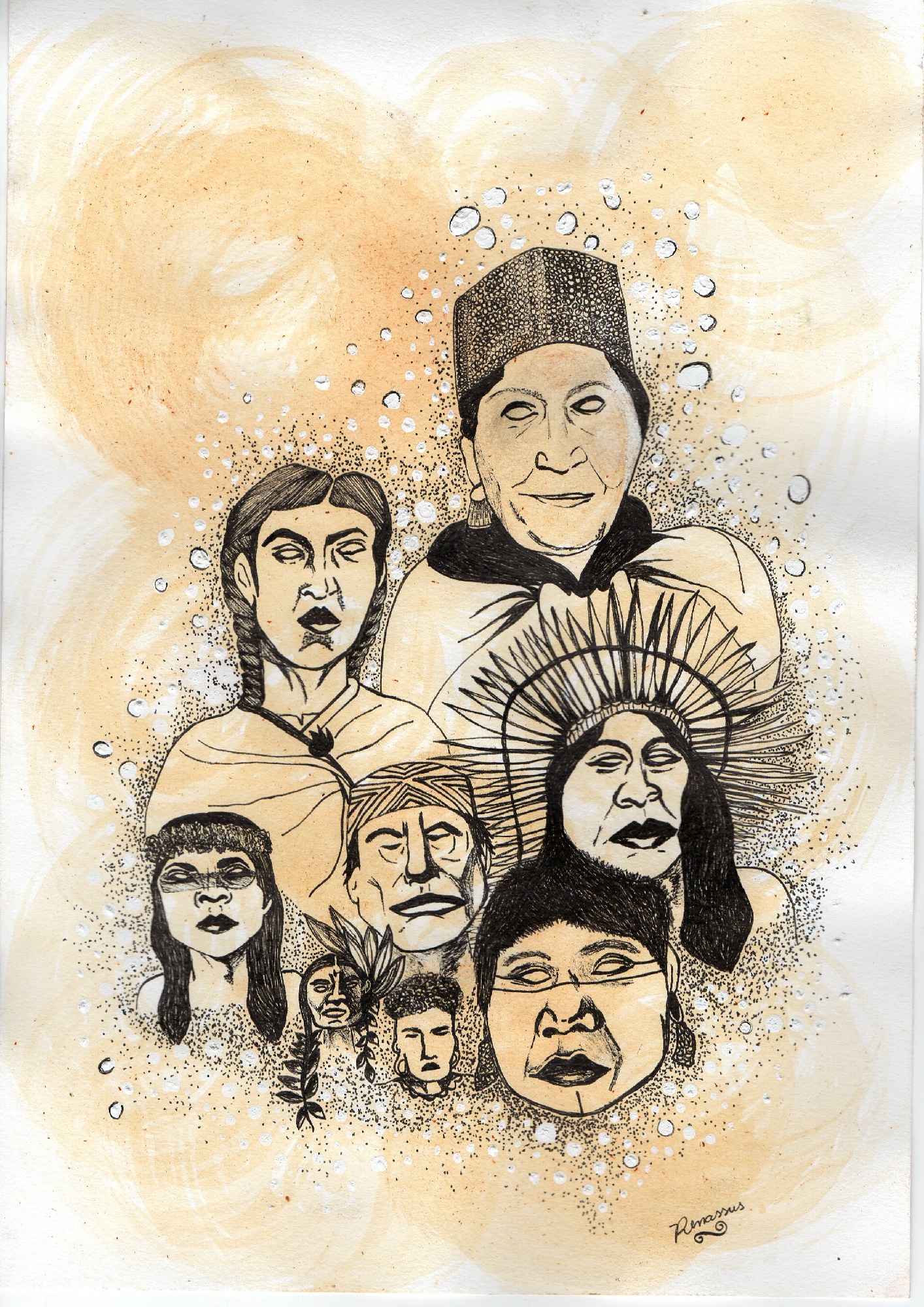 Pas ancestral, Renata Inahuazo, 2021, stylos feutre pigmentée et roucou sur papier A4