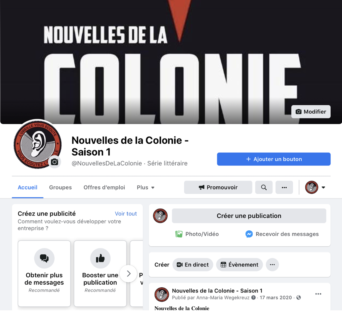 Page Facebook du récit polyphonique Nouvelles de la Colonie par Sébastien Appiotti, Françoise Cahen, Brice Quarante et Alexandra Saemmer.