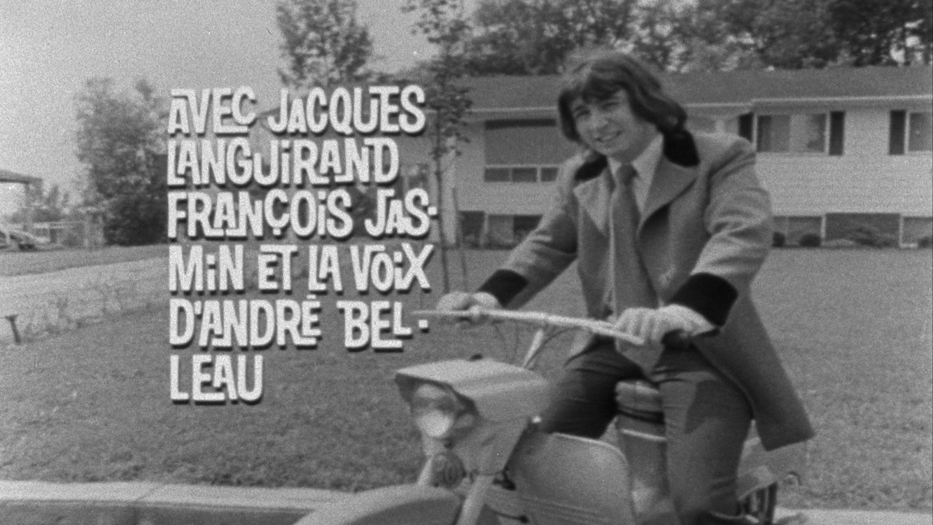Image du générique du film Kid Sentiment de Jacques Godbout, 1967 : « Avec Jacques Languirand, François Jasmin et la voix d’André Belleau », crédit – Office national du film du Canada.