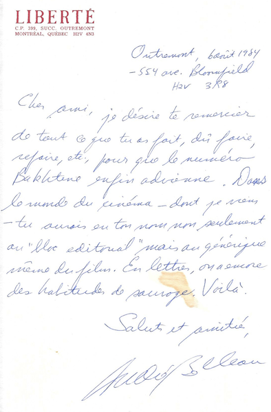 Billet du 6 août 1984 d’André Belleau à Benoît Melançon.