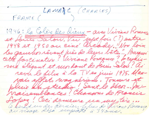 André Belleau, « Répertoire des films vus », Service des archives et de gestion des documents de l’Université du Québec à Montréal, cote 119P 101/3.