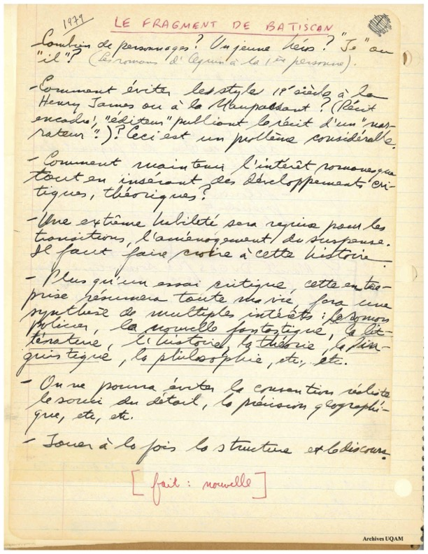 André Belleau, « Plans — Notes — Ébauches », 1979, Service des archives et de gestion des documents de l’Université du Québec à Montréal, cote 119P-025/2 T-5