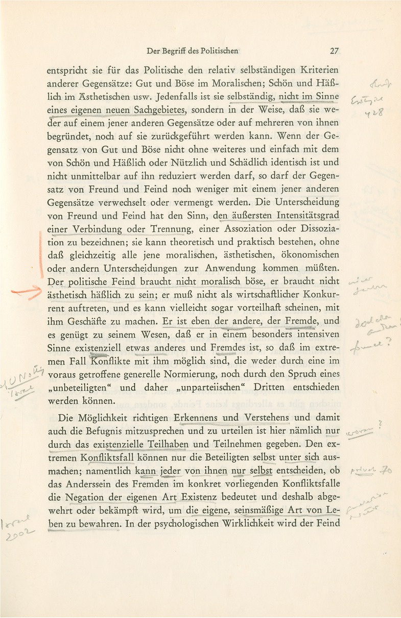 Extrait de l’exemplaire personnel de Koselleck de La Notion de politique de Karl Schmitt. Berlin, 1963. Source : Archives de littérature allemande de Marbach-sur-le-Neckar