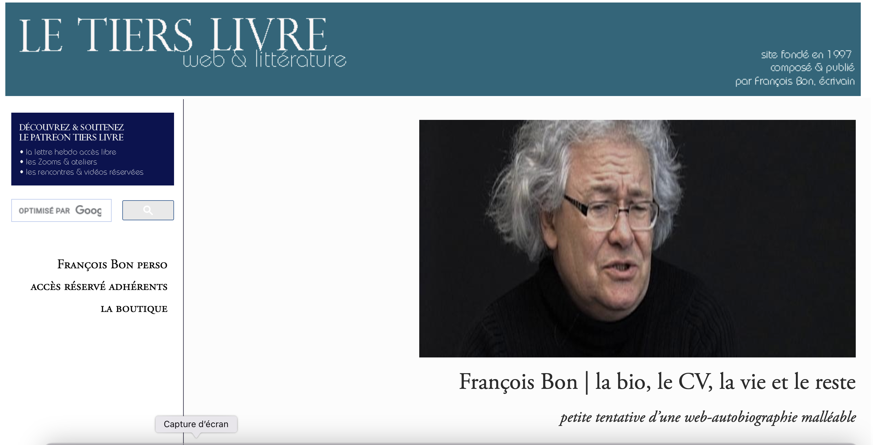 Page de la “bio” de François Bon, site le Tiers Livre