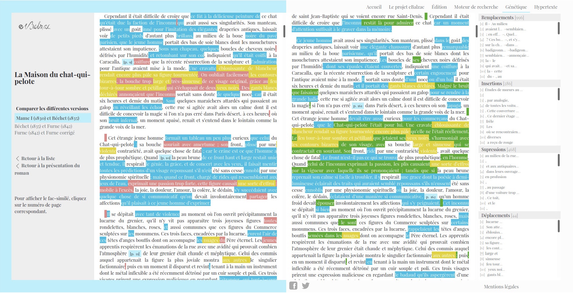 Comparaison génétique entre les deux premières éditions imprimées de La Maison du Chat-qui-pelote, site ebalzac.com