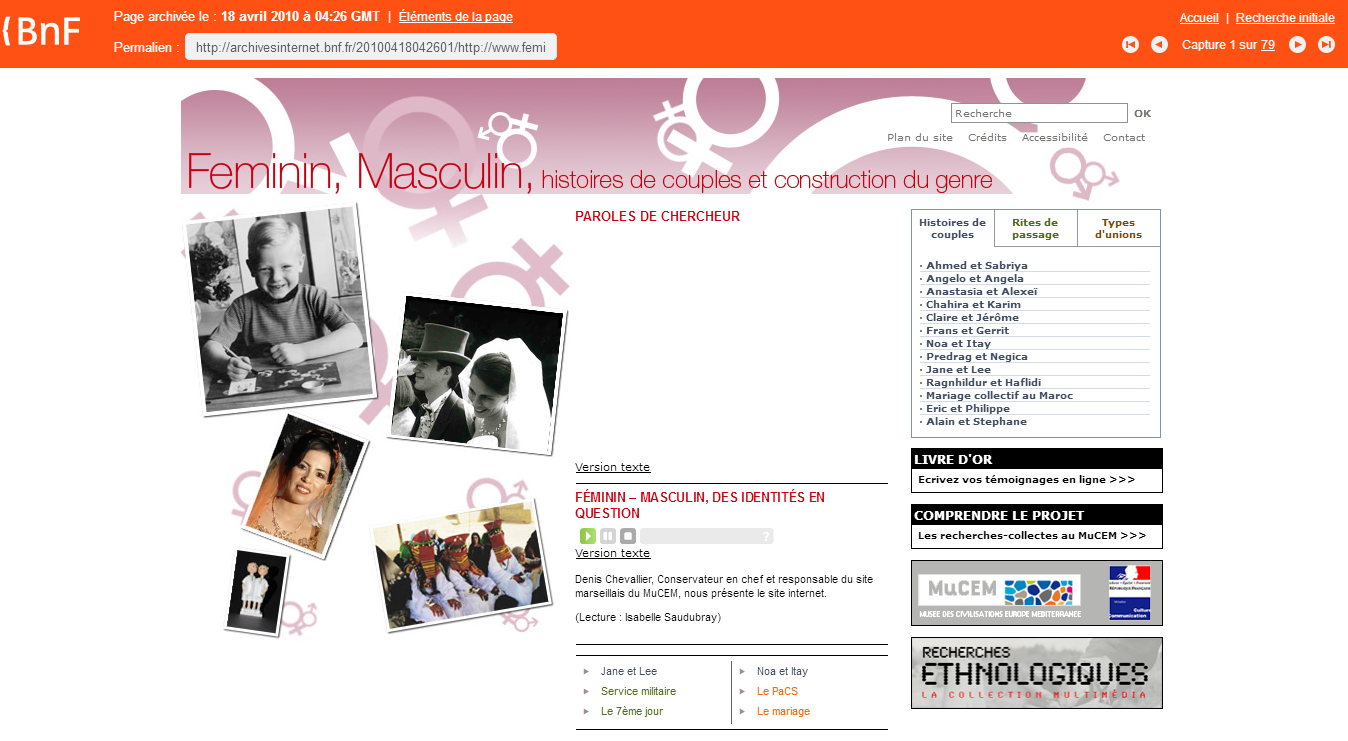 Capture de la page d’accueil du site Féminin-Masculin du 28 avril 2010 dans les archives de l’Internet de la BnF (http://archivesinternet.bnf.fr/20100418042601/http://www.femininmasculin.culture.fr/)