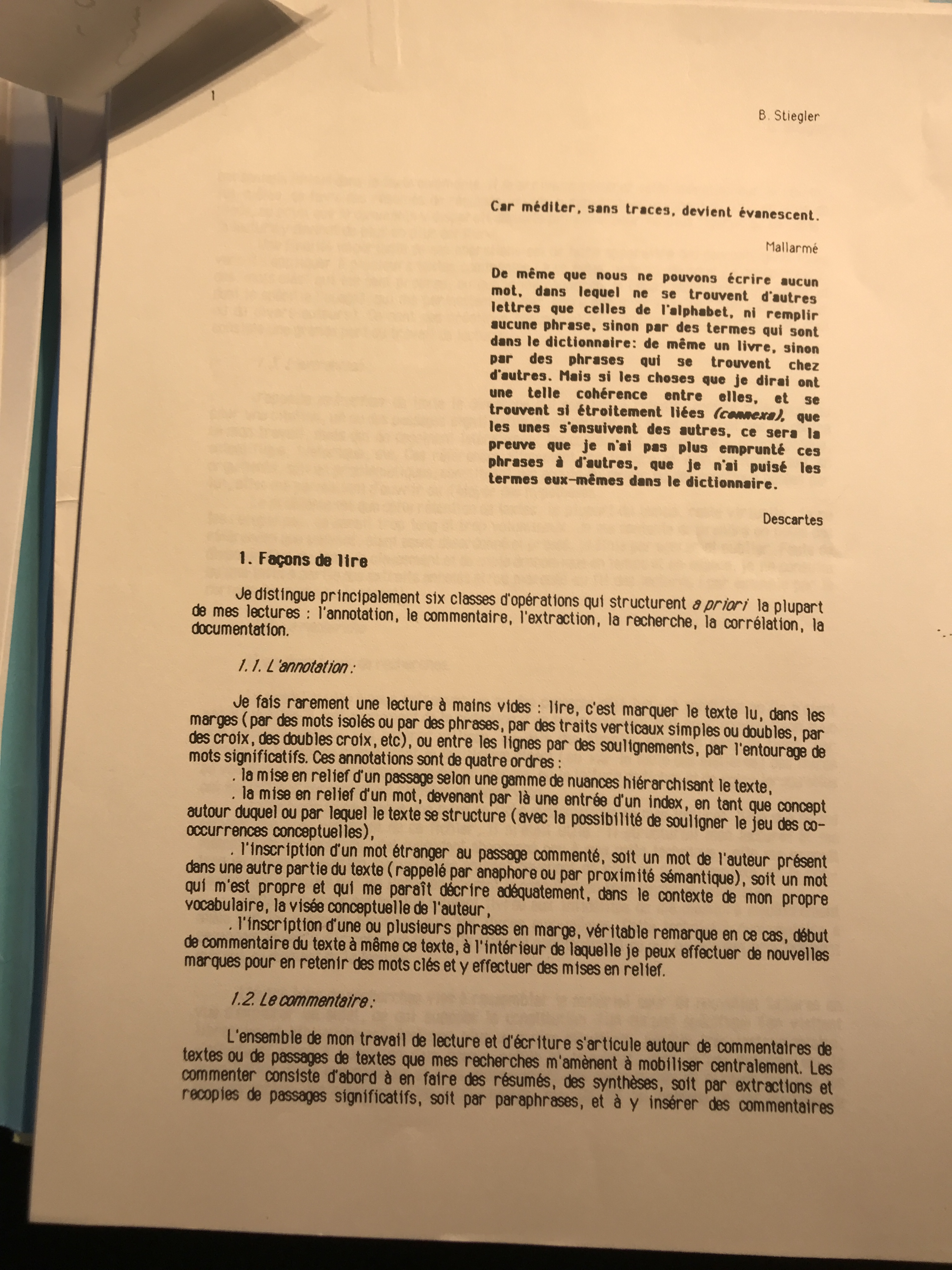 Première page du Complément au rapport de grand lecteur de Bernard Stiegler (BnF, 2006/079/235)