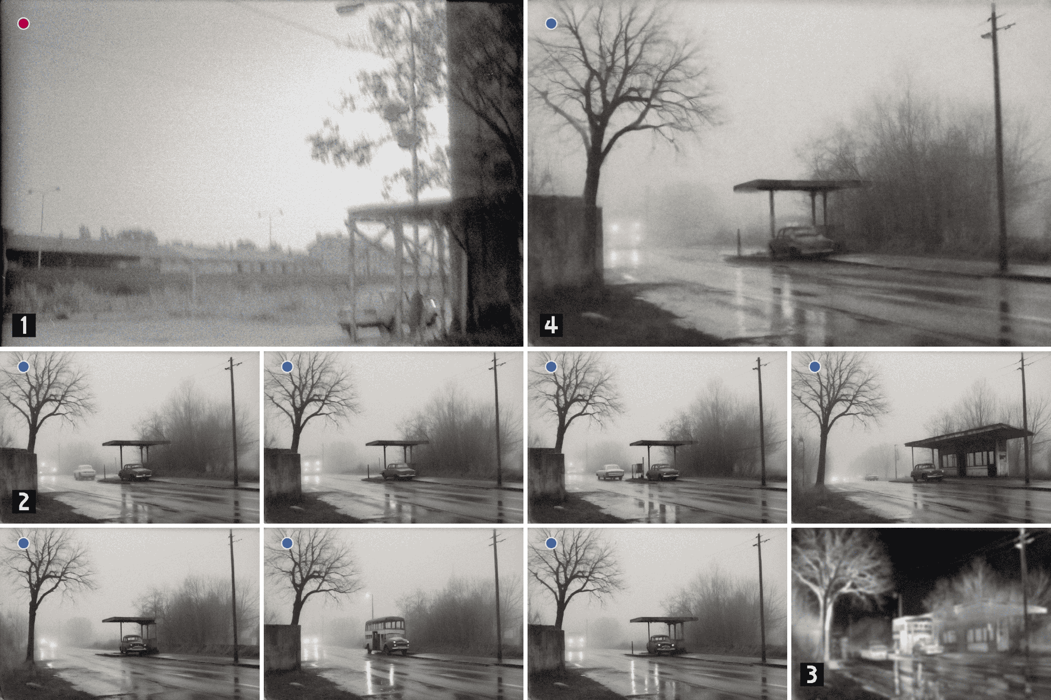 Réinterprétation d’une photo argentique de Prague en 1993. La photo a été « lue » par ChatGPT qui a pu en déchiffrer les principaux éléments en dépit d’une mise au point approximative. Les variations obtenues sous SDXL en manipulant la seed peuvent donner un sens nouveau au flou de l’image finale